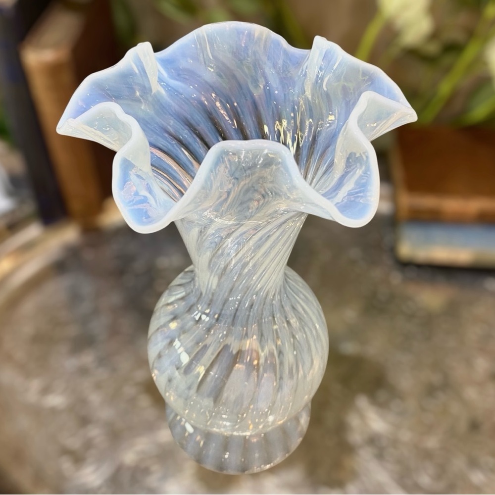 Vintage Fenton French Opalescent Spiral Optic Ruffled Vase c1930s